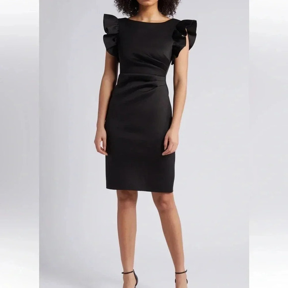 Eliza J Ruffle Sleeve Scuba Crepe Cocktail sheath dress black 6 - Picture 2 of 9